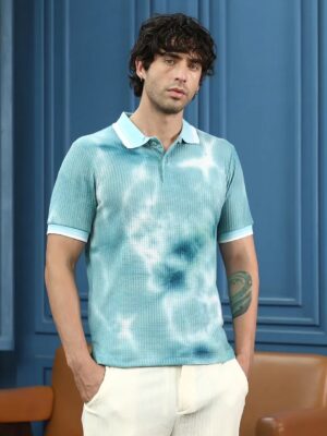 Textured Blue & White Tie-Dye Polo T-Shirt