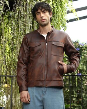 Rugged Distressed Brown Faux Leather  Jacket